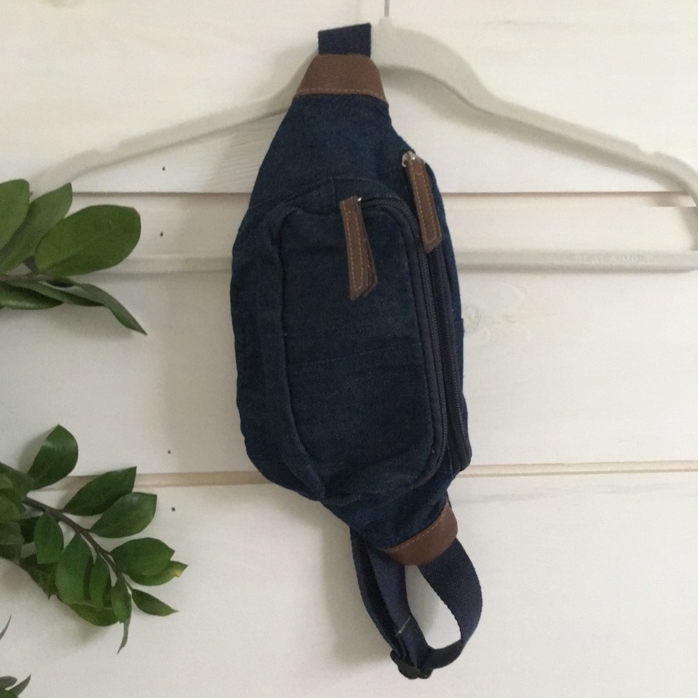 vintage-style denim and faux leather fanny pack